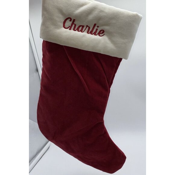 Pottery Barn Charlie Velvet Christmas Holiday Stocking Red Monogrammed 14 Inch - Picture 10 of 11